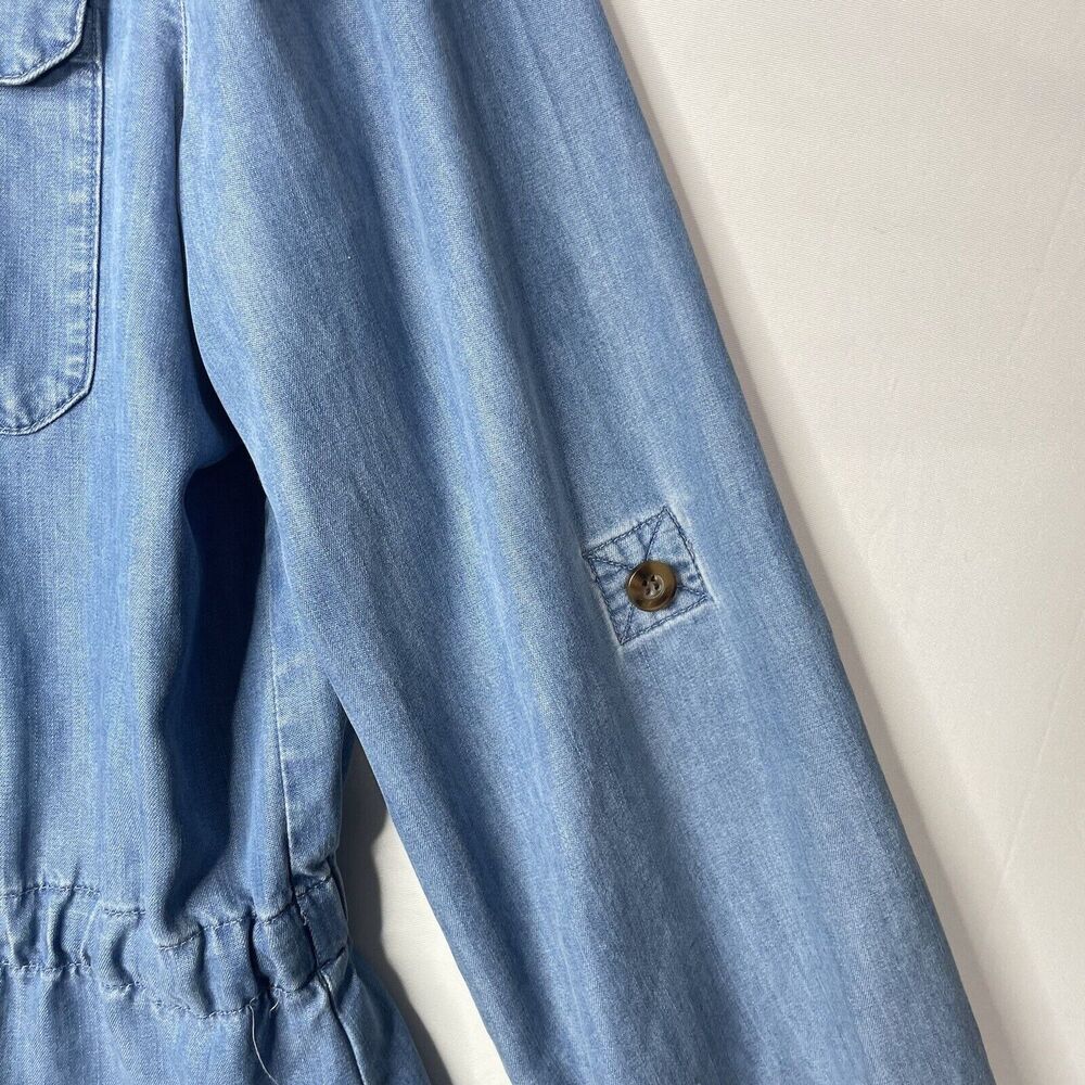 Womens Jacket Top Tie Front Button Lyocell‎ Chambray Denim Roll Tab Sleeve Sz M - Picture 4 of 9